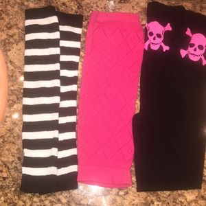 3 prs leg warmers, 1 over the knee tights
